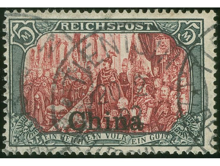 1901, Germania Reichspost Type I, Nachmalung mit Rot und Deckweiß, 5 M. grünschwarz/bräunlichkarmin, sauber gestempelt “TIENT