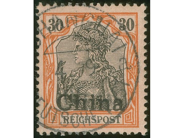 1901, Germania Reichspost 30 Pfg. rötlichorange/rotschwarz auf mattgelblichorange, Plattenfehler “innere Randlinie mit Mäande