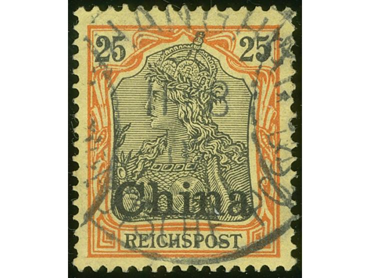 1901, Germania Reichspost 25 Pfg. rötlichorange/gelbschwarz auf hellgelb, Plattenfehler Anstrich des R von Reichspost unten g