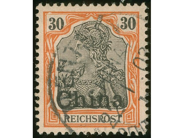 1901, Germania Reichspost 30 Pfg. rötlichorange/rotschwarz auf mattgelblichorange, mit Plattenfehler “blasenförmiger weißer F