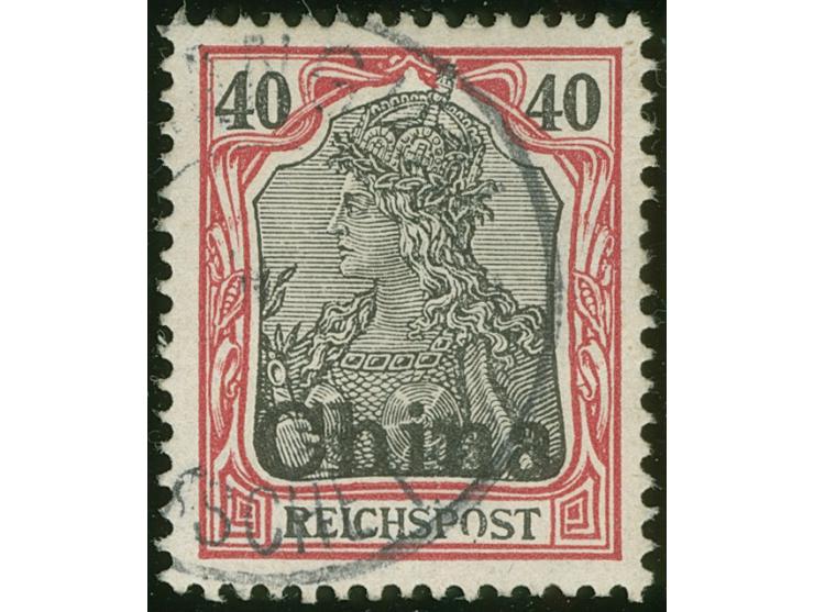 1901, Germania Reichspost 40 Pfg. karmin/schwarz, Plattenfehler “O von Reichspost unten offen”, sauber gestempelt “SCHNGHAI D
