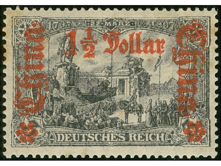 1906/19, Germania mit Wz. Kriegsdruck gez. 25:17 Wertaufdruck Rechts 1 ½ D. auf 3 M. schwarzviolettgrau Aufdruck dunkelzinnob