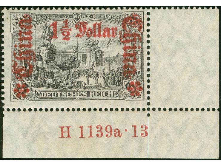 1906/19, Germania mit Wz. Friedensdruck 1 ½ D. auf 3 M. schwarzbraunviolett, rechte untere Bogenecke mit Aufdruck-HAN “H 1139