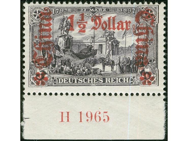 1905, Germania o.Wz. gez. 25:16 1 ½ D. auf 3 M. schwarzbraunviolett, Unterrandstück mit Aufdruck-HAN “H 1965”, postfrisch, ta
