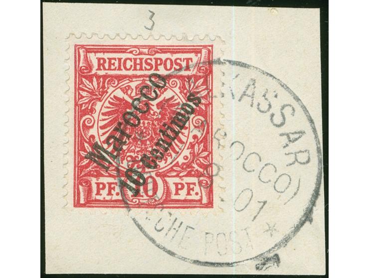 1899, Krone/Adler 10 C. auf 10 Pfg. dunkelrosa (UV gelblichorange), sauber gestempelt “ALKASSAR 11/8 01” auf Briefstück, tade