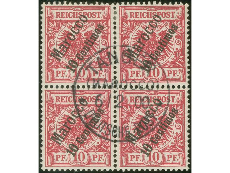 1899, Krone/Adler 10 C. auf 10 Pfg. lilarot, Viererblock, sauber gestempelt “TANGER 6/2 00”, Zähnung zwischen den beiden ober
