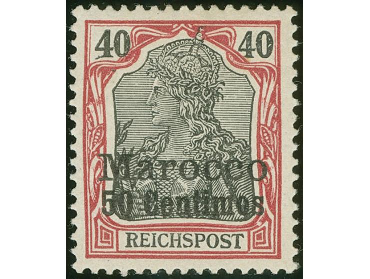 1900, Germania ohne Wz. 50 C. auf &nbsp;40 Pfg. dunkelrötlichkarmin/schwarz, mit Plattenfehler “dicker weißer Punkt über Mäan