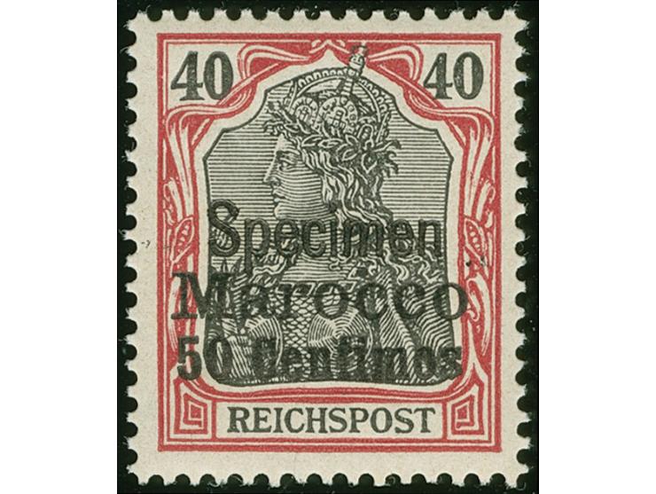 1900, Germania Reichspost 50 C. auf 40 Pfg. dunkelrötlichkarmin/schwarz, mit Aufdruck “Specimen”, postfrisch, tadellos, sign.