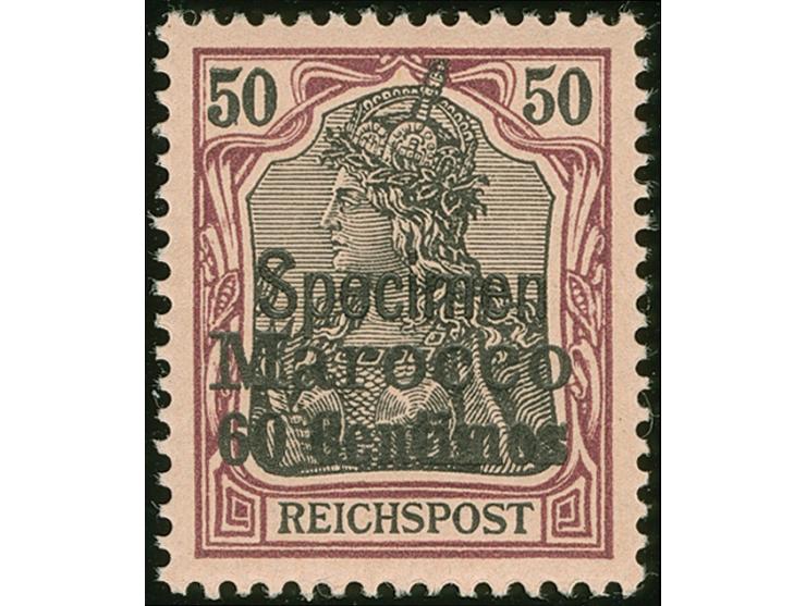 1900, Germania Reichspost 60 C. auf 50 Pfg. dunkelbräunlichlila/rotschwarz auf mattbraunorange, mit Aufdruck “Specimen”, post