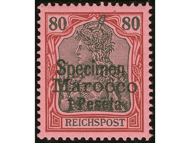 1900, Germania Reichspost 1 P. auf 80 Pfg. dunkelrötlichkarmin/rotschwarz auf mattkarmin, mit Aufdruck “Specimen”, postfrisch