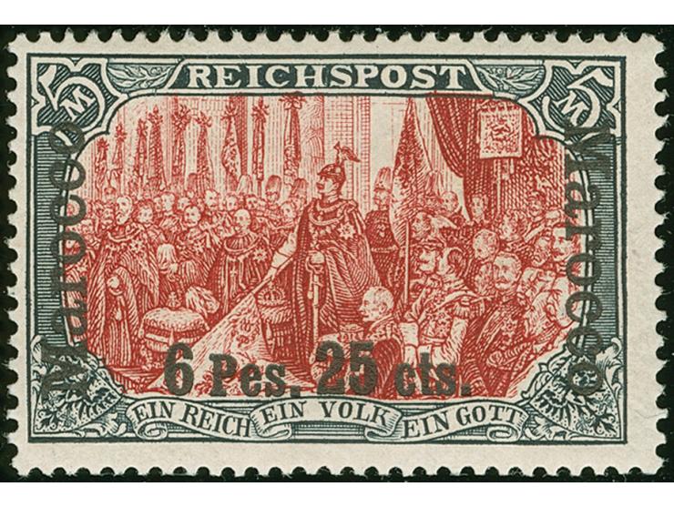 1903, Germania Reichspost 6 P. 25 C. auf 5 M. grünschwarz/bräunlichkarmin, fetter Aufdruck, Urmarken-Type II, sauber ungebrau