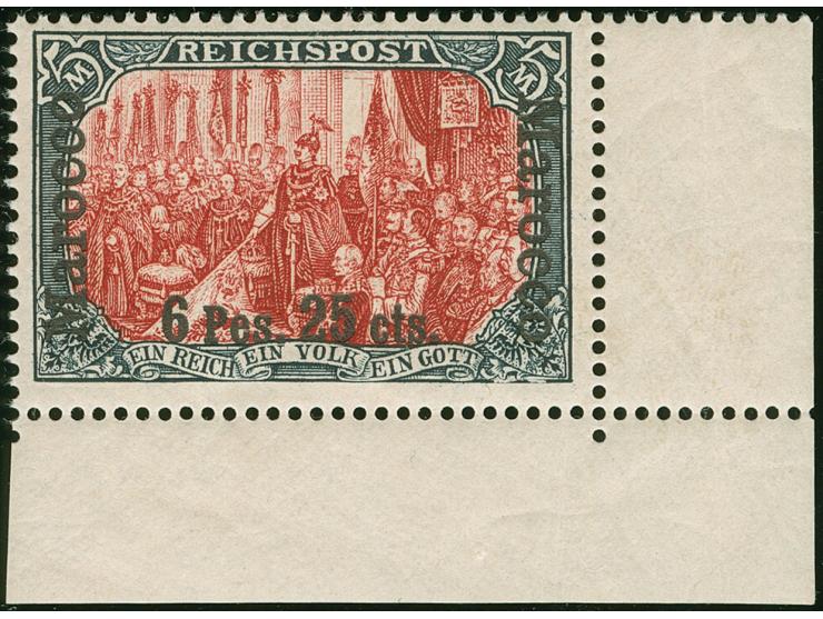 1903, Germania Reichspost 6 P. 25 C. auf 5 M. grünschwarz/bräunlichkarmin, fetter Aufdruck, Urmarken-Type II, rechte untere B