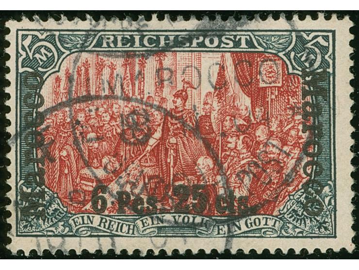 1903, Germania Reichspost 6 P. 25 C. auf 5 M. grünschwarz/bräunlichkarmin, fetter Aufdruck, Urmarken-Type II, sauber gestempe