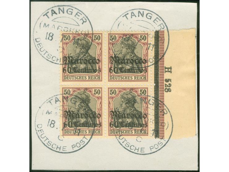 1905, Germania 60 C. auf 50 Pfg. dunkelbräunlichlila/braunschwarz auf mattbraunorange, Viererblock mit rechtem Seitenrand und