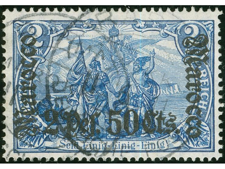 1906/11, Germania mit Wz. 2 P. 50 C. auf 2 M. schwärzlichblau, sauber gestempelt “RABAT MAROKKO 11.6.11”, tadellos, sign. Pau