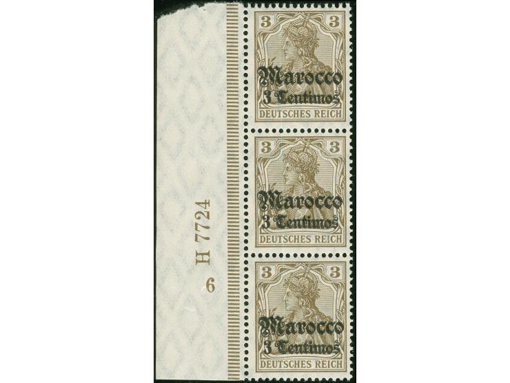 1906, Germania mit Wz. 3 C. auf 3 Pfg. dunkelockerbraun, senkrechter Dreierstreifen mit linkem Seitenrand und Ur-HAN “H 7724”
