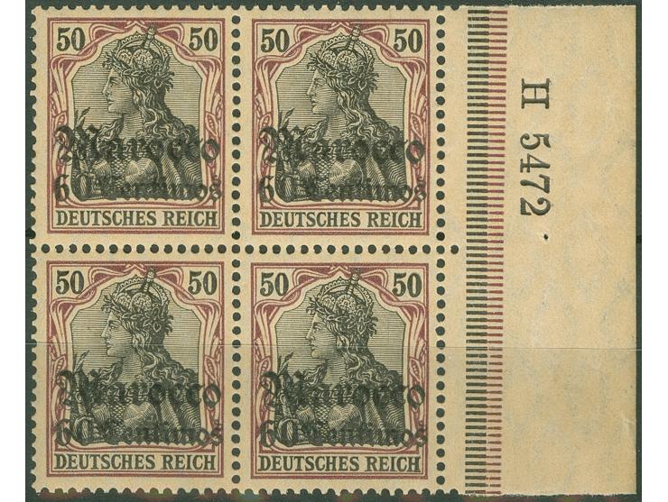 1906, Germania mit Wz. 60 C. auf 50 Pfg. dunkelbräunlichlila/schwarz auf mattchromgelb, Viererblock mit rechtem Bogenrand und