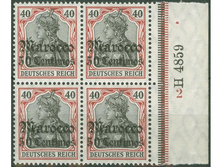 1906, Germania mit Wz. 50 C. auf 40 Pfg. dunkelrötlichkarmin/braunschwarz, Viererblock mit rechtem Seitenrand und Ur-Han “H 4