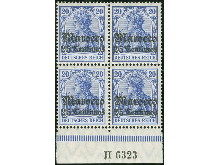 1906, Germania mit Wz. 25 C. auf 20 Pfg. lebhaftlilaultramarin, Unterrandviererblock mit Aufdruck-Han “H 6323”, postfrisch, t