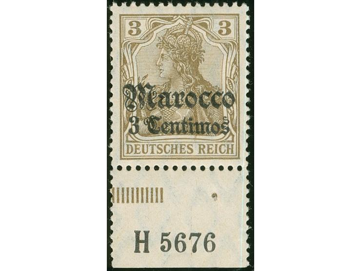 1906, Germania mit Wz. 3 C. auf 3 Pfg. dunkelockerbraun, Unterrandstück mit Aufdruck-Han “H 5676”, postfrisch, tadellos