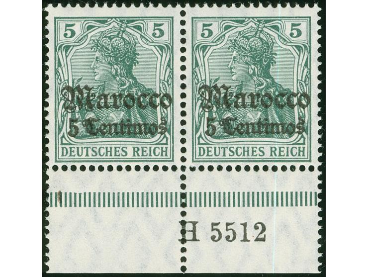 1906, Germania mit Wz. 5 C. auf 5 Pfg. dunkelgrün, waagerechtes Unterrandpaar mit Aufdruck-Han “H 5512”, postfrisch, tadellos