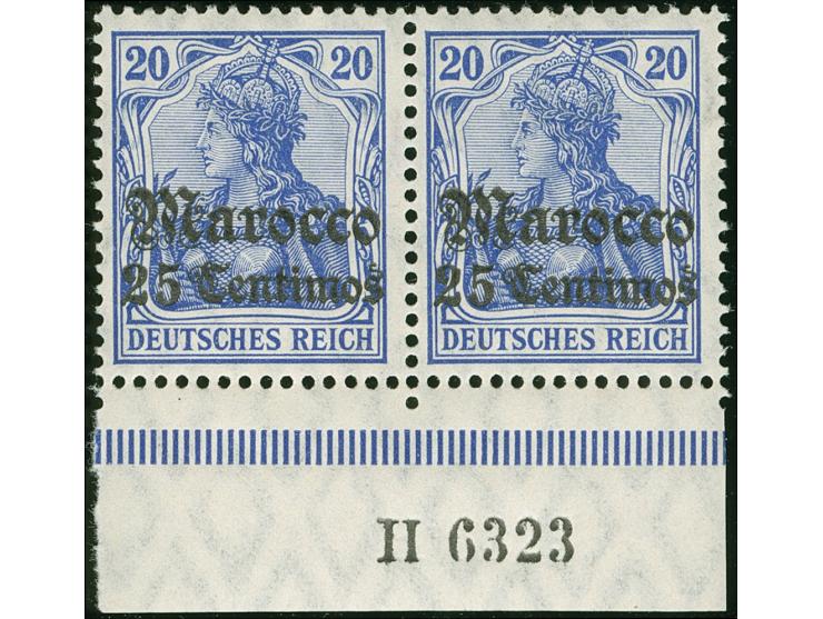 1906, Germania mit Wz. 25 C. auf 20 Pfg. lebhaftlilaultramarin, waagerechtes Unterrandpaar mit Aufdruck-Han “H 6323", postfri