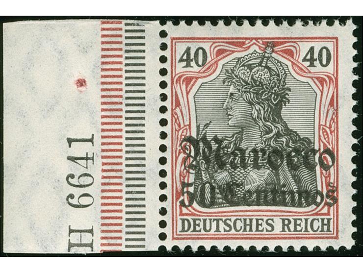 1906, Germania mit Wz. 50 C. auf 40 Pfg. dunkelrötlichkarmin/braunschwarz, linkes Seitenrandstück mit Ur-Han “H 6641”, postfr