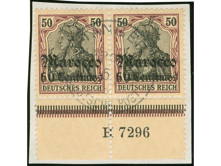 1906, Germania mit Wz. 60 C. auf 50 Pfg. dunkelbräunlichlila/schwarz auf mattchromgelb, waagerechtes Unterrandpaar mit Aufdru