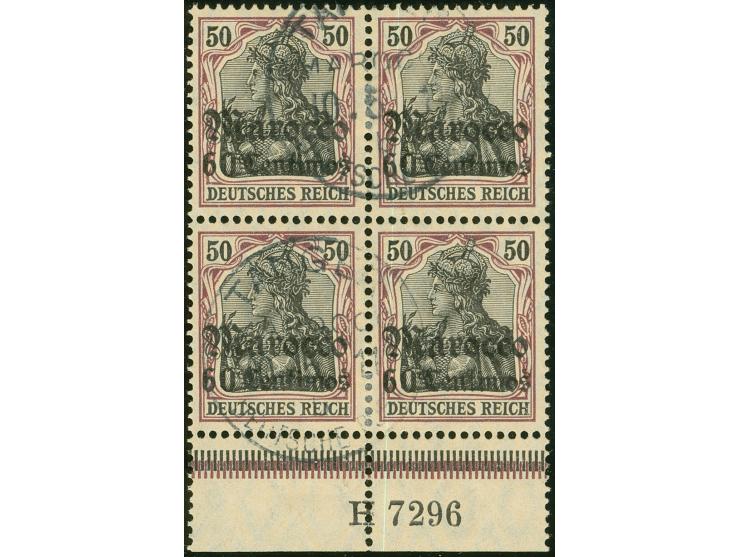 1906, Germania mit Wz. 60 C. auf 50 Pfg. dunkelbräunlichlila/schwarz auf mattchromgelb, Unterrandviererblock mit Aufdruck-Han