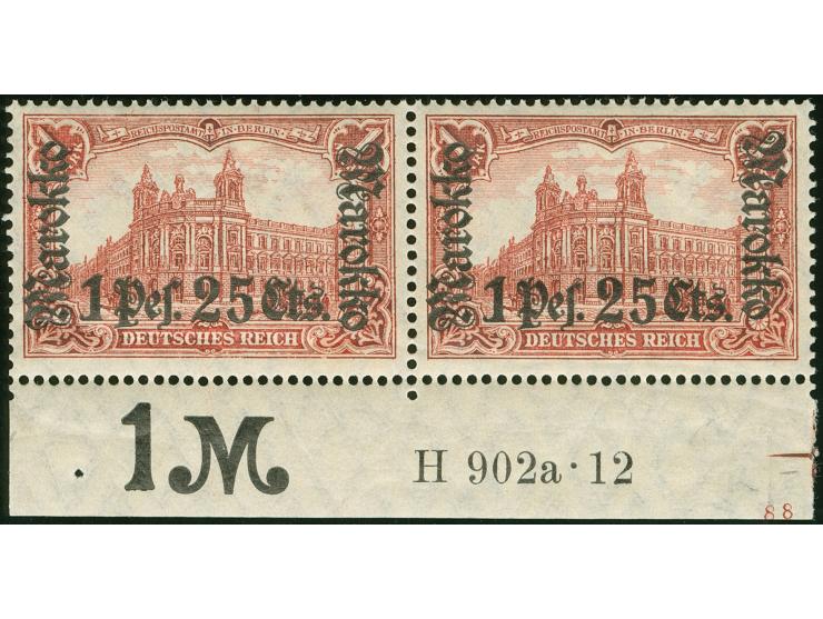 1911, Germania mit Wz. 1 Pes. 25 Cts. auf 1 M. dunkelkarminrot, Friedensdruck, waagerechtes Unterrandpaar mit Aufdruck-Han “H