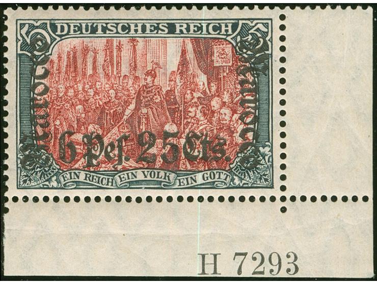 1906, Germania mit Wz. 6 Pes. 25 Cts. grünschwarz/dunkelkarmin, rechte untere Bogenecke mit Hausauftragsnummer “H 7293”, saub