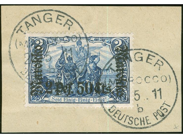 1911, Germania mit Wz. 2 Pes. 50 Cts. auf 2 Mark schwärzlichblau, Kriegsdruck 26:17 Zähnungslöcher, sauber gestempelt “TANGER