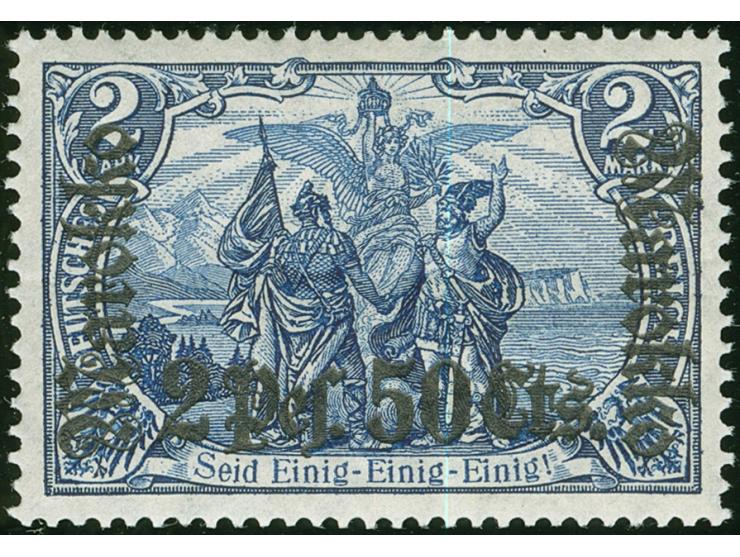 1911, Germania mit Wz. 2 Pes 50 Cts. schwärzlichblau, Friedensdruck 26:17 Zähnungslöcher, mit Plattenfehler “kleiner waagerec