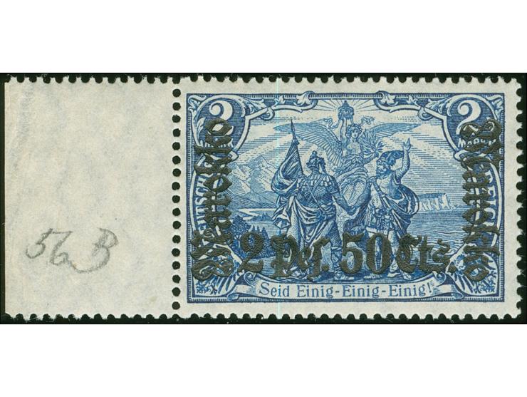 1911, Germania mit Wz. 2 Pes. 50 Cts. auf 2 M. schwärzlichblau, Kriegsdruck 25:17 Zähnungslöcher, linkes Seitenrandstück mit 