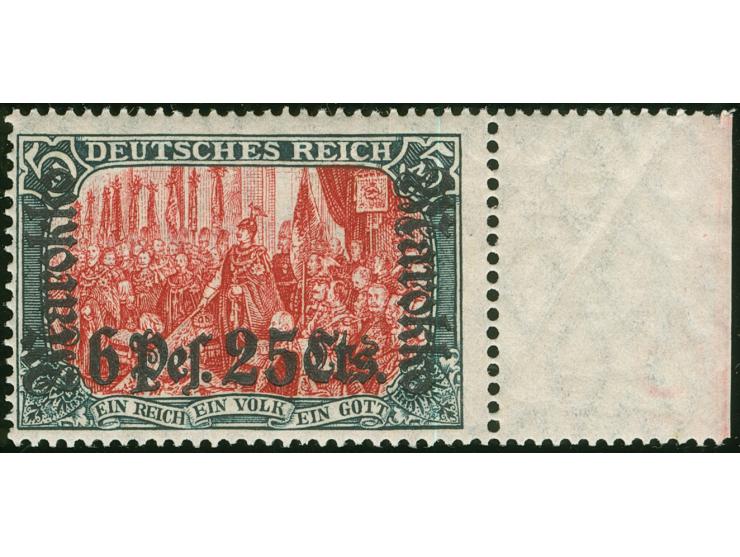 1911/19, Germania mit Wz. 6 P. 25 C. auf 5 M. grünschwarz/dunkelkarmin, Friedensdruck, rußiger Aufdruck, rechtes Seitenrandst