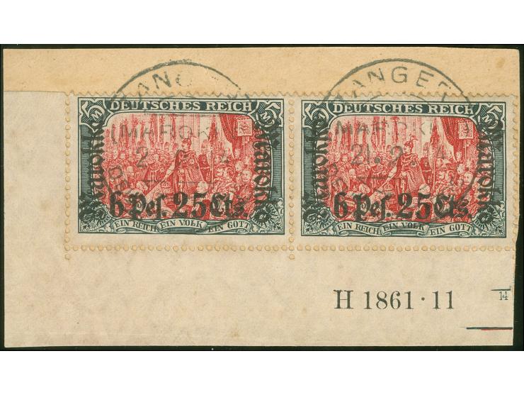 1911/19, Germania mit Wz. 6 P. 25 C. auf 5 M. grünschwarz/dunkelkarmin, Friedensdruck, Aufdruck glänzend, waagerechtes Paar a