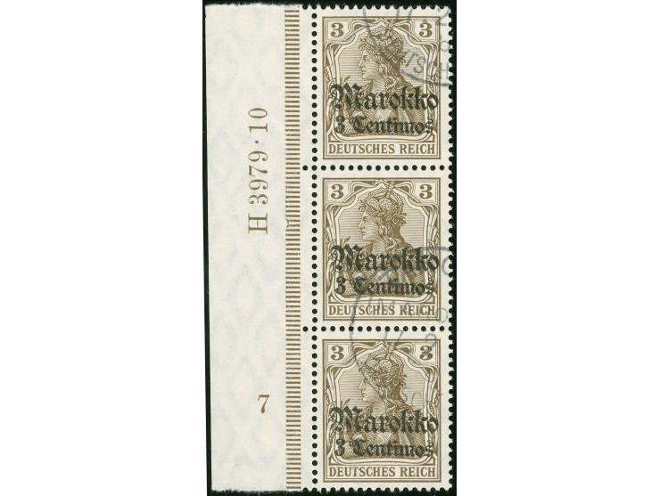 1911, Germania mit Wz. 3 C. auf 3 Pfg. dunkelockerbraun, senkrechter Dreierstreifen mit linkem Seitenrand und Ur-Han “H 3979.