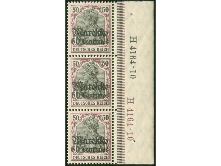 1911, Germania mit Wz. 60 C. auf 50 Pfg. dunkelbräunlichlila/schwarz auf mittelchromgelb, senkrechter Dreierstreifen vom rech