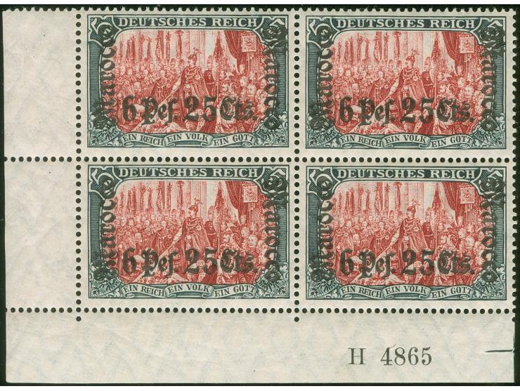 1906, Germania mit Wz. 6 Pes. 25 Cts. auf 5 M. grünschwarz/dunkelkarmin, Viererblock aus der linken unteren Bogenecke mit Auf