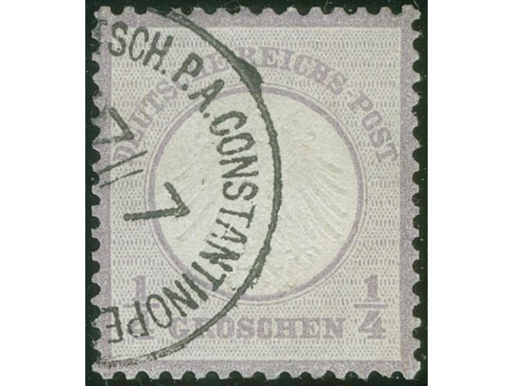 1872, Kleiner Schild ¼ Gr. lebhaftgraupurpur, sauber gestempelt “(KAISERL.DEUT)SCH.P.A. CONSTANTINOPEL 7/7”, tadellos, Fotoat