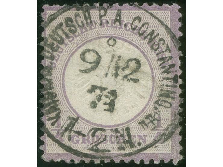 1872, Großer Schild ¼ Gr. violett, sauber gestempelt “KAISERL.DEUTSCH.P.A. CONSTANTINOPEL 9/12/74”, tadellos, seltene Entwert