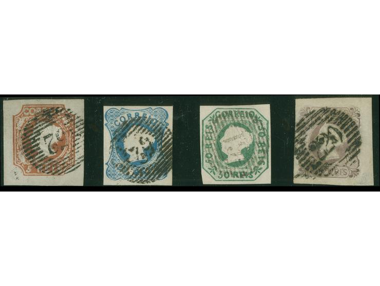 1853, Maria II. 5-100 r., all fresh colours and ample to large margins, 100 r. small cut at base, not reaching the design, fi