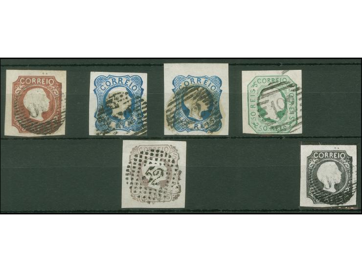 1855, King Pedro V 5-100 r., 25 r. in both types, all with fresh colour and ample to large margins, used, 5 r. with negligibl