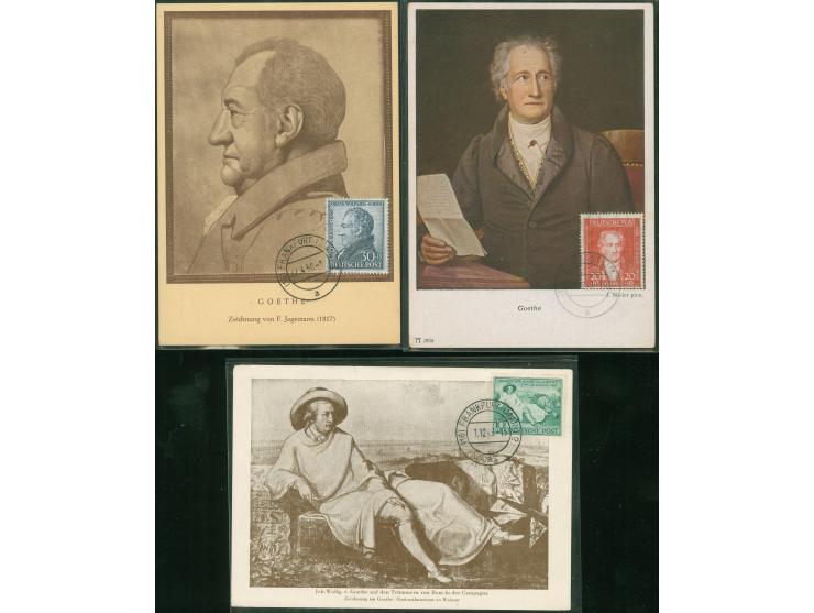 1949, Goethe 10 – 30 Pfg. je mit Tageststempeln von Frankfurt auf 3 Maximumkarten.&nbsp;