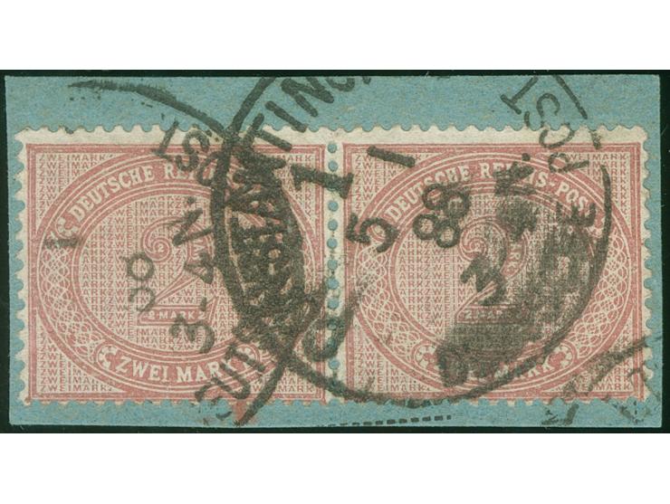 1884, Innendienst 2 M. mittelrosalila, waagerechtes Paar mit Plattenfehler “große Unterbrechung in der Guilloche unten links”