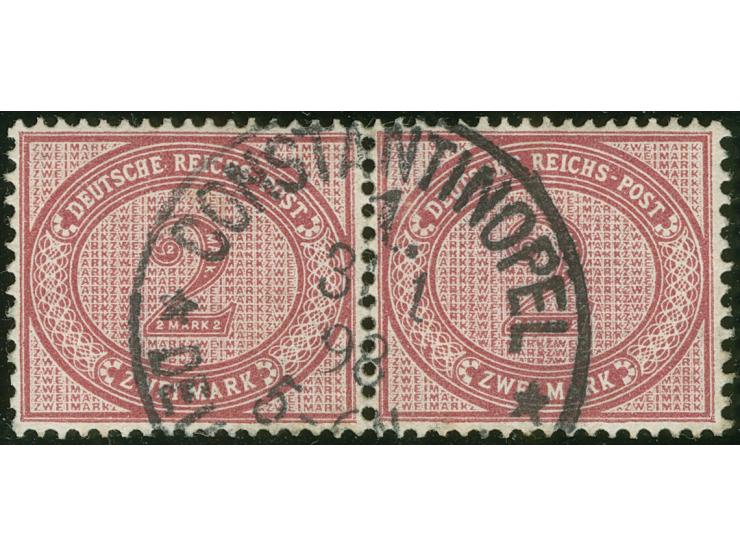 1890/1900, Innendienst 2 M. dunkelrotkarmin, waagerechtes Paar mit Plattenfehler “große Unterbrechung in der Guilloche unten 