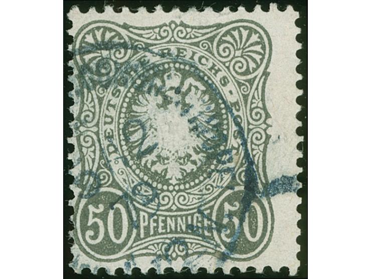 1875/80, Pfennige 50 Pfg. graugrün, sauber gestempelt mit blauem Stempel “KAISERL.DEUTSCH.P.A. CONSTANTINOPEL 5.12.79”, tadel