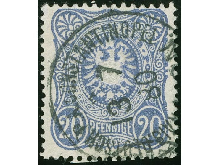 1875, Pfennige 20 Pfg. ultramarin, mit Plattenfehler “abgeplatteter rechter Seitenrand und Oberrand”, sauber gestempelt “KAIS