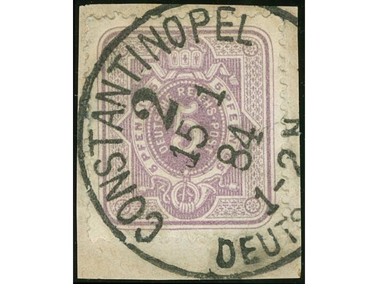 1880, Pfennig 5 Pfg. violett, sauber gestempelt “CONSTANTINOPEL 2 DEUTSCHE POST 15 1 84” auf Briefstück, tadellos, Fotoattest