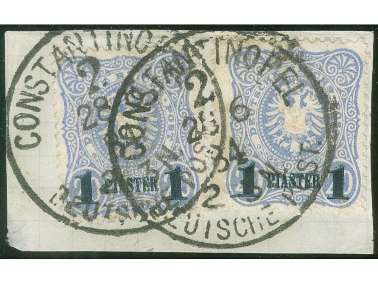 1884, Aufdruck auf Pfennig Aufdruck blauschwarz 1 Pia. auf 20 Pfg. lebhaftviolettultramarin, verschmälertes Format, sauber ge